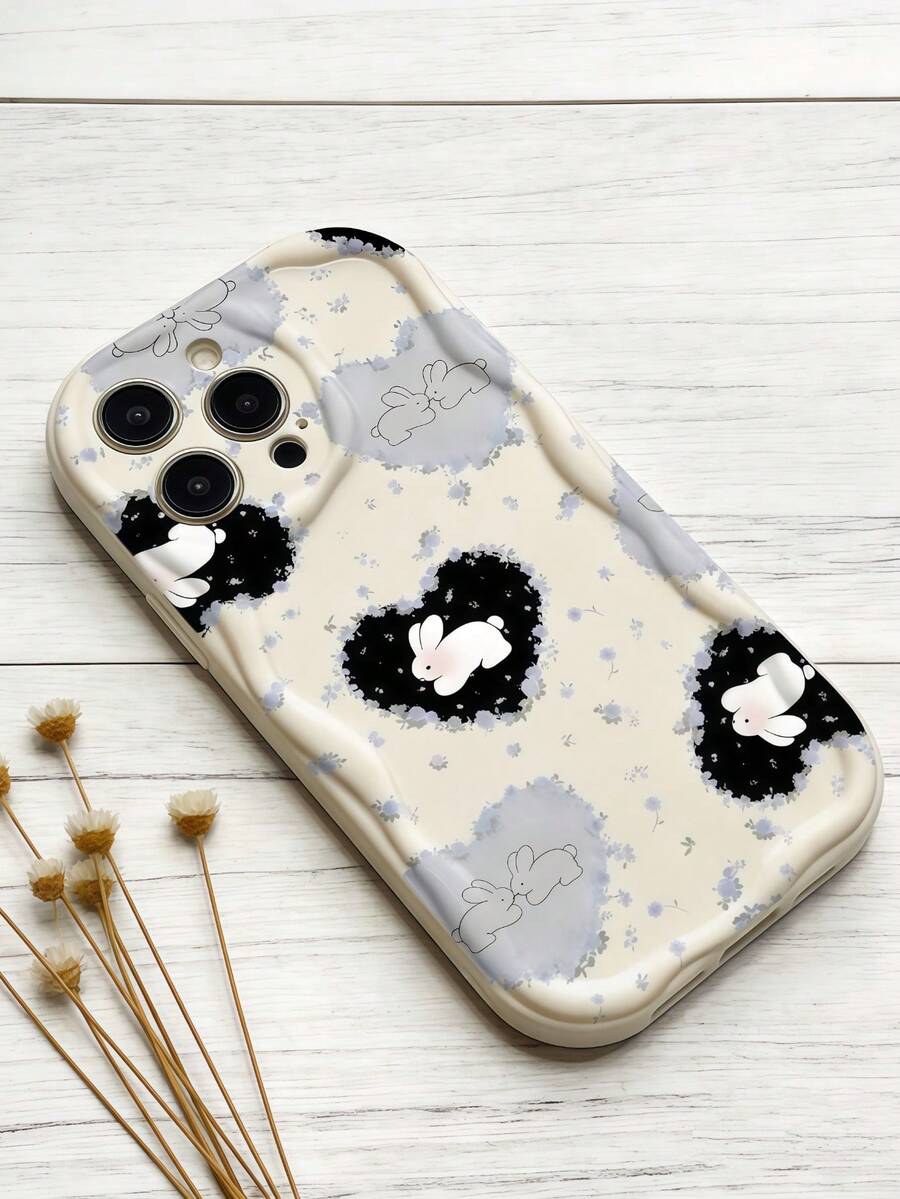 1 buah Casing Ponsel Cream Dopamine Wave Ruffle Tekstur TPU Lembut Kreatif dengan Motif Kelinci Hati yang Dipersonalisasi, Kompatibel dengan Galaxy S21 S22 S23 S24 S25 S26/Honor/ dan Model Lainnya - Putih - View 1