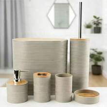 Striped Bamboo Bathroom Cover Plastic Six Pieces Set Manufacturer Hot Selling Bathroom Storage Rack Toothbrush Holder Cover - View 9