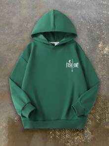Outdoor Fishing Tween Boy Sweatshirt, Fish On Bass Rod Front & Back Print Soft Warm Fall Winter School Top - Green - View 2
