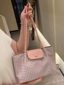韓系小眾設計 Ins 風溫柔格紋女款托特包，極簡時尚通勤、外出、日常購物大容量學生百搭手提肩背包 - 粉色 - 查看 3