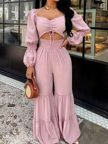 Women's Spring/Autumn Elegant Fashion Pink Hollow Waist Elastic Jumpsuit, Long Sleeve Drawstring, Casual Daily Commute Outing Date Autumn New Jumpsuit - Pink - View 2