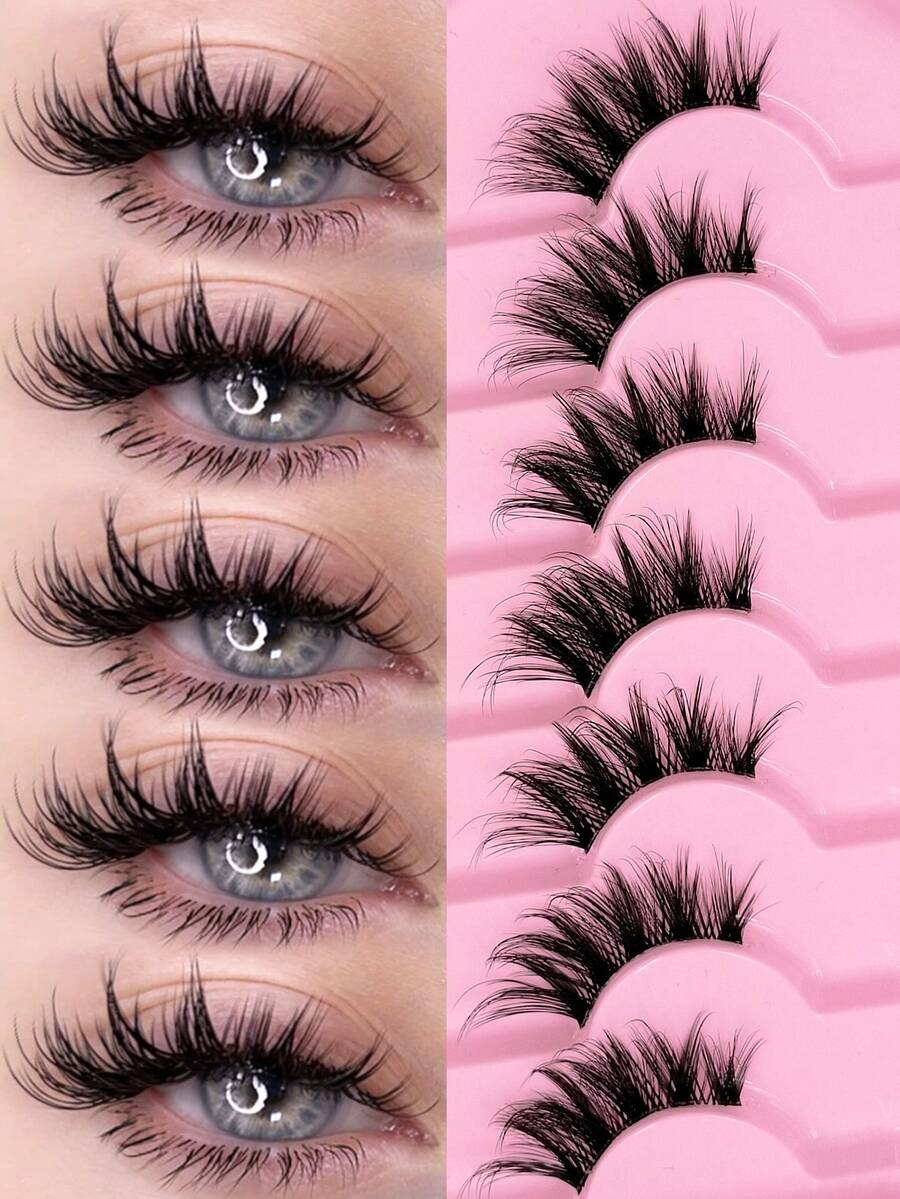 Sibeuna 7 Pairs Half-Strip Clear Stem Cat Eye Extended False Eyelashes, Natural Mink-Like 3D Fluffy Soft Criss-Cross Long Style, Outer Corner Extended Slim Design, Reusable, Suitable For Daily, Party, Valentine's Day - Black - View 1