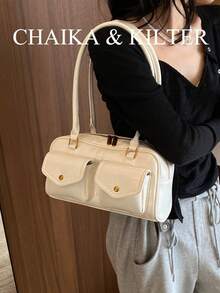 CHAIKA & KILTER 1件裝純色亮面PU布料女款時尚單肩包 多口袋大容量波士頓保齡球包 拉鍊開合 適合日常與外出使用 - 白色 - 查看 6