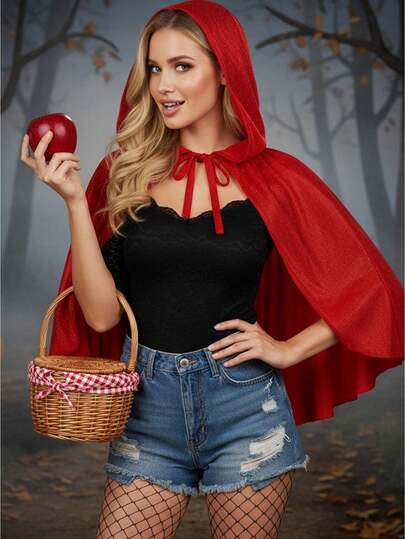 Halloween Little Red Riding Hood Red Hooded Cape, Short Dotted Cloak With Neck Tie, Fairytale Cosplay Accessory For Women Party Fancy Dress