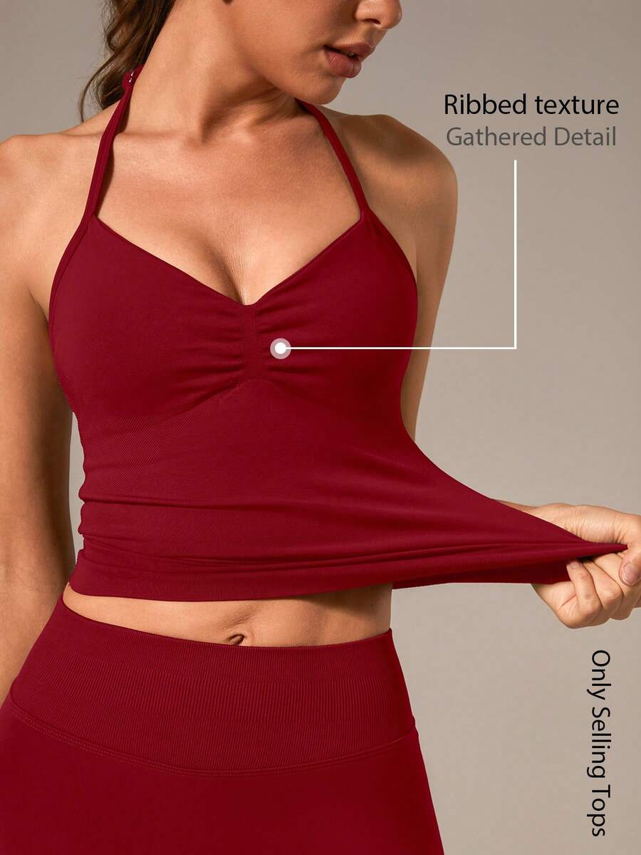 NcmRyu 1pc Women Halter Neck Elastic Ribbed Ruched Sports Camisole - Red - View 1