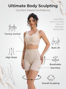 FLARIXA شورت نسائي بلون موحد بخصر عالي كاجوال يومي مشكل للجسم - لون مشمشي - مشاهدة 3