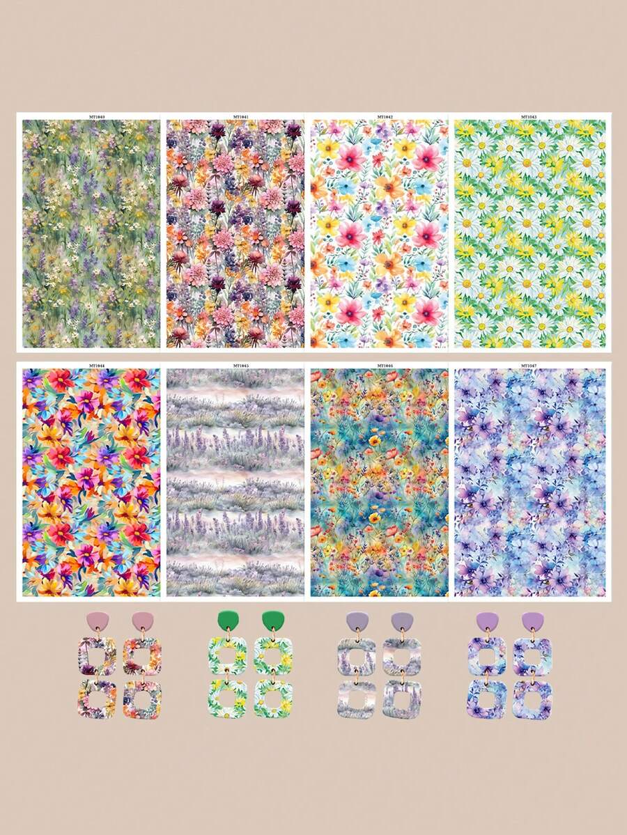 Multiple Floral Pattern Transfer Paper, Fresh Floral Series Polymer Clay Printing Paper, Size 5.82 * 3.93 Inches, Suitable For DIY Art Jewelry Earring Making, Special Polymer Clay Transfer Printing - A - View 1