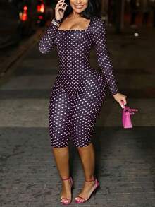 DOUCIU Polka Dot Print Long Sleeve Backless Sexy Fitted 7/8 Length Jumpsuit Party Nightclub Outfit - Pink - View 3
