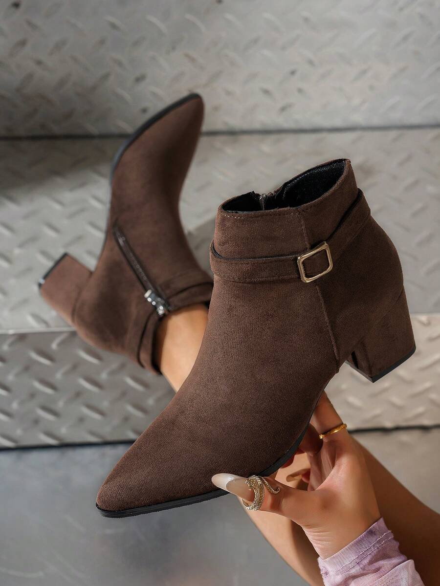 1雙新款女款棕色尖頭高跟時尚踝靴 素色優雅側拉鍊粗跟復古派對通勤鞋 秋冬經典切爾西靴 - 棕色 - 查看 1