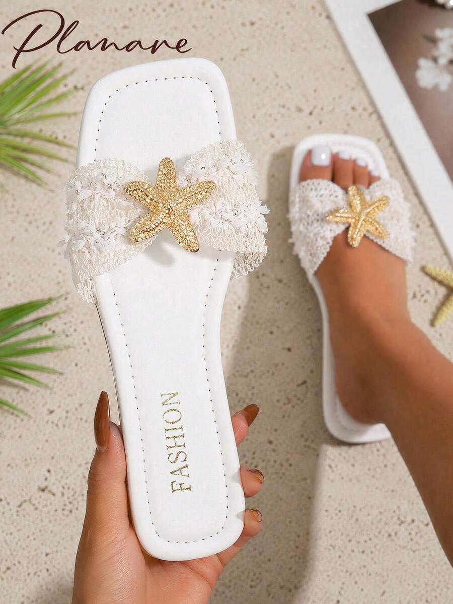 新款女款夏季流行時尚簡約休閒刺繡編織一腳蹬方頭平底白色涼鞋,飾有金屬海星裝飾 - 白色 - 查看 1