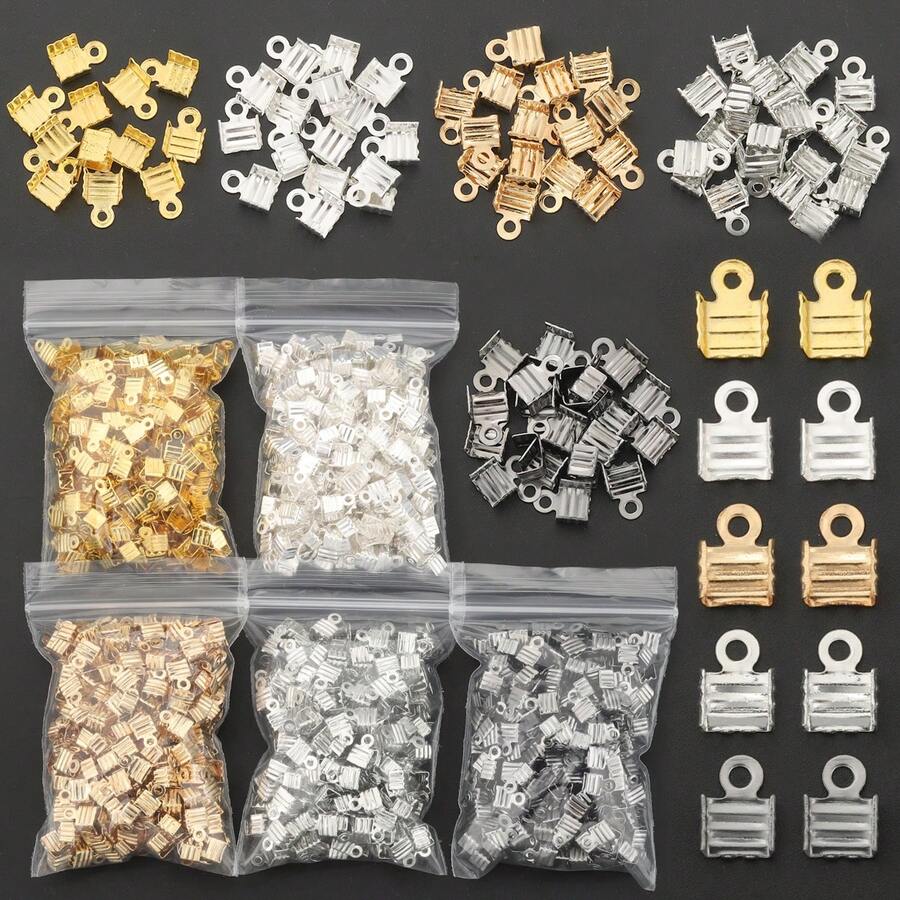 200pcs DIY Connector Leather Cord Clamps Combination, Crimp End Caps, Approx 7mm, Multi-Color Optional, Suitable For DIY Bracelet, Necklace, Anklet End Connectors, Cord End Clamps, Rope End Clips, Jewelry Connectors, Phone Chain Tail Fixings, DIY Jewelry Making Materials, Jewelry Making Parts - Crimp End - View 1