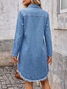Women's Light Blue Long-Sleeve Distressed Denim Dress Casual - Light Wash - View 5