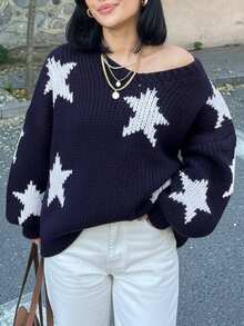 Sweater Lengan Panjang Leher V Motif Bintang Lima Warna Biru Gaya Kampus Fashion Jalanan Y2K Kasual Longgar - Royal Blue - View 7