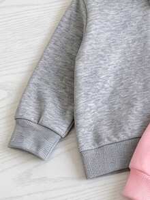 Baby Girls 2pcs Set Grey & Pink Bow Print Minimalist Long Sleeve Hooded Zip-Up Jacket, Solid Color Ribbed Cuffs Casual Fashion Outdoor Cardigan Top - Multicolor - View 9