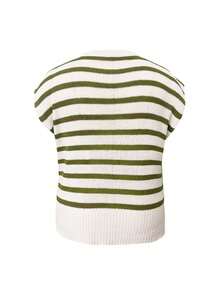 Stripe Side Slits Crewneck Short Sleeve Sweater Tee Round-Neck Loose Color-Blocking Plus-Size Knitted Sweater,Christmas New Year - Green - View 7