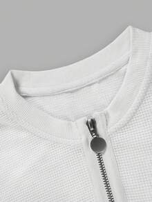 Men Old Money Style Half Zip Waffle Tee, Stand Neck Textured Knit Short Sleeve Top, Breathable Blouse For Vacation Daily Wear - White - View 6