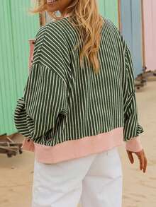 Acelitt Women's Ribbed Knit Striped Cardigan, V-Neck Dropped Shoulder Front Button Long Sleeve Casual Top, Suitable For Spring And Autumn - Multicolor - View 3