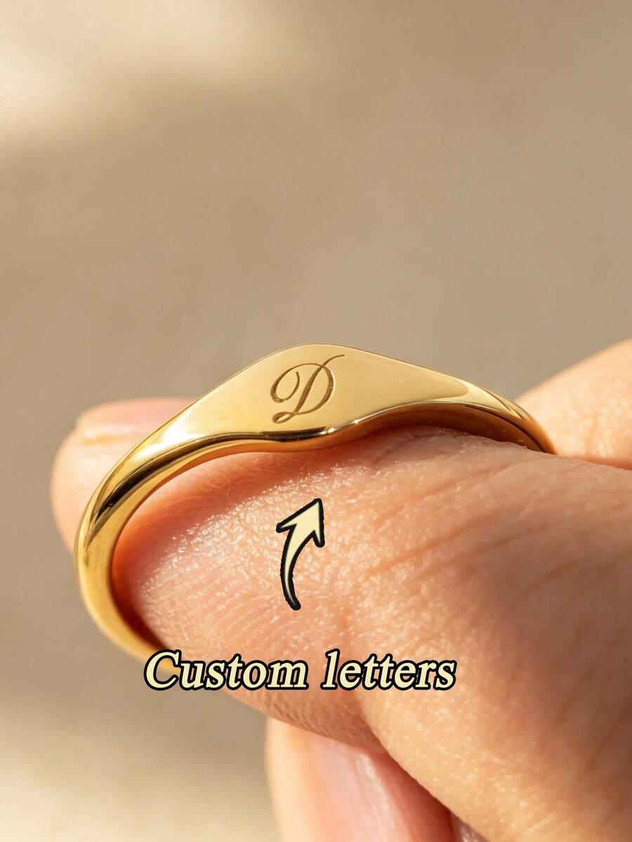 1pc Personalized Letter Ring, 14K Gold Thin Band, 925 Hallmarked, Customized Women's Name Ring, Couple Gift, Mother's Day Gift, Mom Jewelry, Birthday Gift, Stackable Ring - Multicolor - View 1