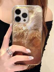 1pc Vintage Gradient Foil Coffee Stain English Phone Case Compatible With Apple 11/12/13/14/15/16/17 PROMAX - Coffee Brown - View 1