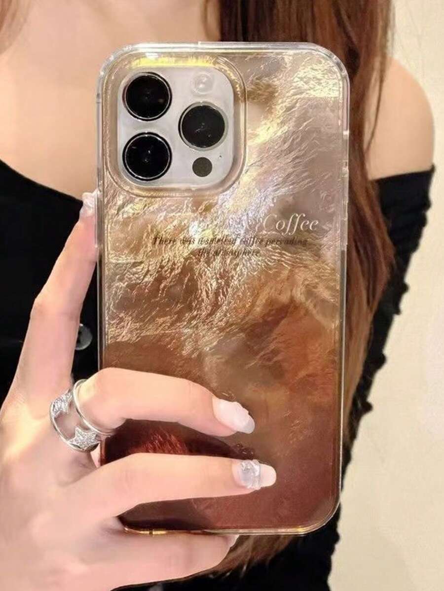 1pc Vintage Gradient Foil Coffee Stain English Phone Case Compatible With Apple 11/12/13/14/15/16/17 PROMAX - Coffee Brown - View 1