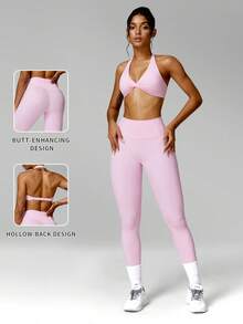 MFVIM Women's Naked Feel High Elastic Yoga Set, Fashionable Minimalist All-Match Versatile Plus Size Casual Wear - Baby Pink - View 3