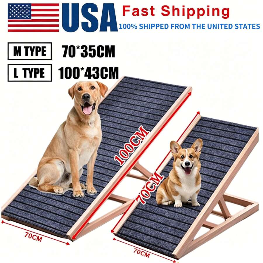 Adjustable Wooden Pet Ramp, Ideal For Medium-Sized Dogs. Portable Folding Ladder With A Striped, Non-Slip Polyester Surface For Accessing Beds And Cars. Includes Two Height Settings And A Non-Slip Ramp. - Pet Supplies.