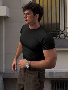 Men's Casual T-Shirt Slim Fit Basic Social Fashion - 黑色 - 查看 4
