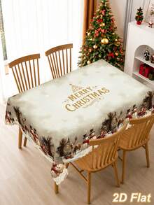 1Pc Christmas Rectangle Tablecloth With Scalloped Edge, Merry Christmas Table Cover With Snowman Reindeer Christmas Tree Pattern, Polyester Vintage Christmas Tablecloth, Merry Christmas Decoration, Xmas Decor, Christmas Table Decor, Holiday Home Decor - Christmas B - View 4