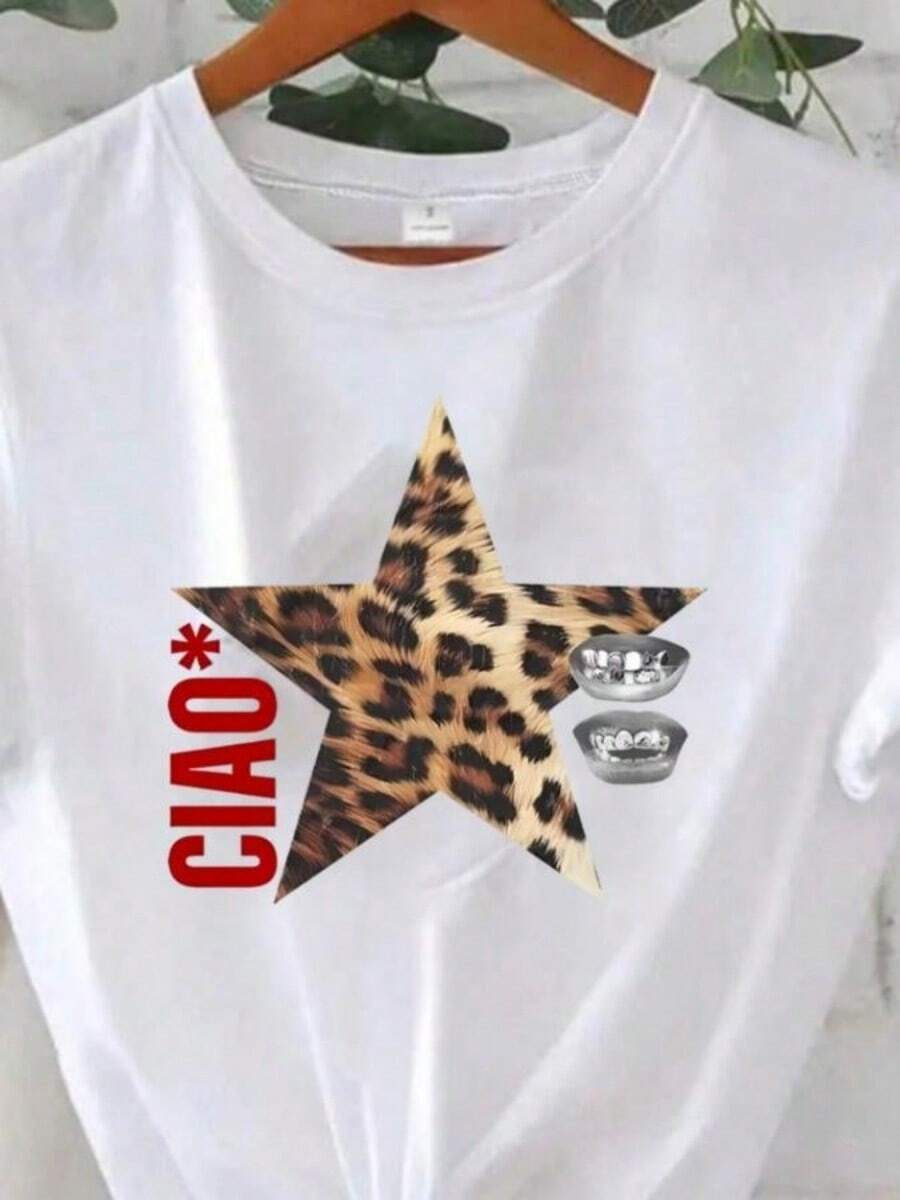 Five-Pointed Star Pattern Round Neck Plus Size T-Shirt Short SLeesve Trendssssssss Printing Elastic Half SLeesve T-Shirt