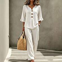 2026 Women's New Casual Set: V-Neck Hemmed Lace-Trimmed Seven-Sleeve Top And Long Pants - Two-Piece Set - Light Blue - View 6