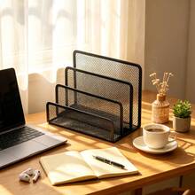 1pc 3-Tier Metal Mesh Desktop Organizer, Vertical Compartment Desktop File And Letter Organizer, Black Storage Rack For Mail, Paper, Envelopes, Bills And Magazines, Compact Home Storage Rack - View 9