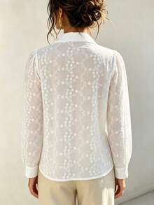 Women's Elegant White Embroidered Front Button Semi-Sheer Blouse, Long Regular Sleeves, Shirt Collar, Suitable For Spring And Autumn - White - View 4