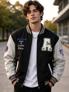 1pc Men's Letter A Applique Baseball Flight Jacket, Striped Ribbed Cuffs, Spring/Autumn Urban Casual Jacket - Black - View 1