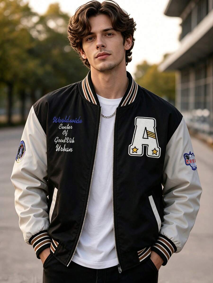 1pc Men's Letter A Applique Baseball Flight Jacket, Striped Ribbed Cuffs, Spring/Autumn Urban Casual Jacket - Black - View 1