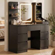 Devoko Modern Dressing Table With LED Mirror, 3 Light Colors And Dimmable Brightness, Vanity Table With 7 Drawers, Open Shelves And Optional Stool, Dressing Cabinet For Bedroom, White/Black/Pink/Vintage - Black - View 2