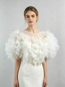 1pc Fluffy Petal Tulle Bridal Shawl, Off-Shoulder Mesh Cape, Wedding Photography Evening Dress Ruffle Short Shawl, Bridal Gown Decorative Accessory - A - View 2