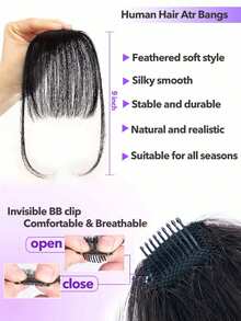 Human Hair Bangs With Sideburns Real Hair Bangs Clip-On Wig Women's Thin Air Fringe Sideburns Easy To Apply Basic Style All Ethnicities Hair Accessories For Daily Use Natural Black - Natural Black - View 4