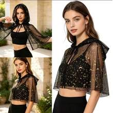 Theme Party Hooded Costume Capelet In BlackSheer Mesh, Moon Star Tie Front Short Shawl ForPhoto Styling Halloween - Black - View 8