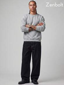 Sudadera de cuello redondo de unicolor Zenbolt Daily, diseño de manga raglán, ribete acanalado, tela suave y lisa, ajuste holgado, creando un look minimalista para el día a día - Gris - Ver 4