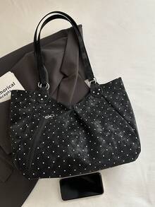 1pc Black & White Polka Dot Shoulder Bag, Top Zipper + Side Zipper, Star Pendant, Large Capacity, For Ladies, Daily Commute, Retro Style, Chic Design - Black - View 6