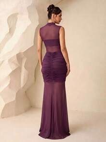 Wine Red Mesh Sheer Twist Knot Dress, High Neck Sleeveless Pleated Fishtail Dress, Sexy Slimming Evening Gown, Elegant Lady Party Dress, Retro Wine Red Sheer Dress, Sexy Club Diva Long Dress Wedding - Burgundy - View 5
