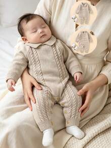 1pc Baby Knit Sweater Romper, Doll Collar Cable Knit Long Sleeve Bodysuit, Open Crotch Design, Daily Wear For Unisex Infants - Camel - View 1