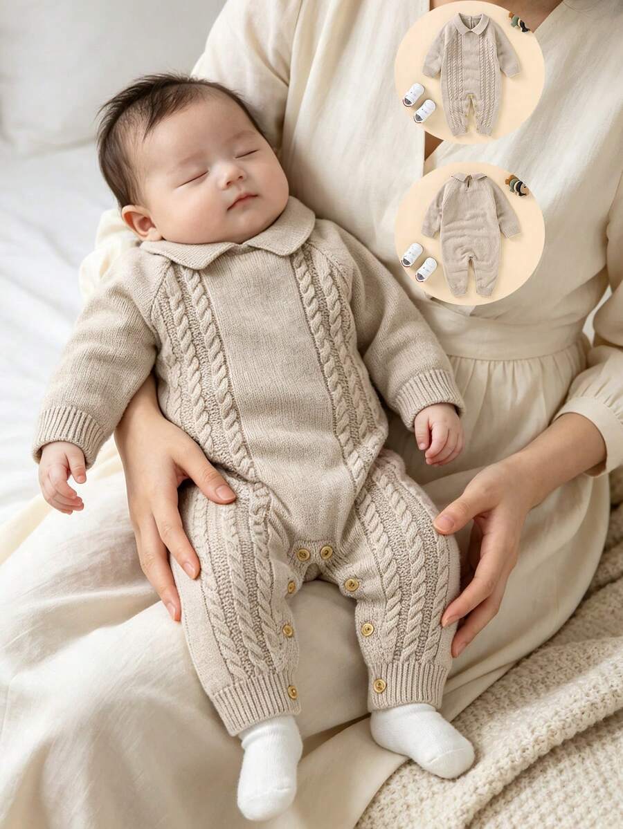 1pc Baby Knit Sweater Romper, Doll Collar Cable Knit Long Sleeve Bodysuit, Open Crotch Design, Daily Wear For Unisex Infants - Camel - View 1
