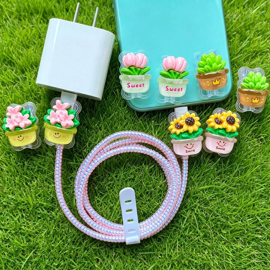 Flower Design Cable Protector, Anti-Breakage Charging Cable Protector, Compatible With IPhone 12-15/16, Type-C & Lightning Data Cable Protector, Cute Decorative Charging Cable Protector - Multicolor - View 1