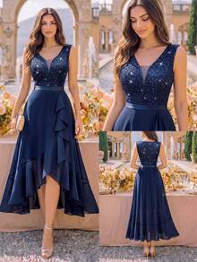 MIUSOL Deep V-Neck Lace Sequin Ruffle Hem High-Low Hem Chiffon Formal Party Dress, Suitable For Wedding Guest, Graduation Ceremony, Gala Spring Elegant - Navy Blue - View 2