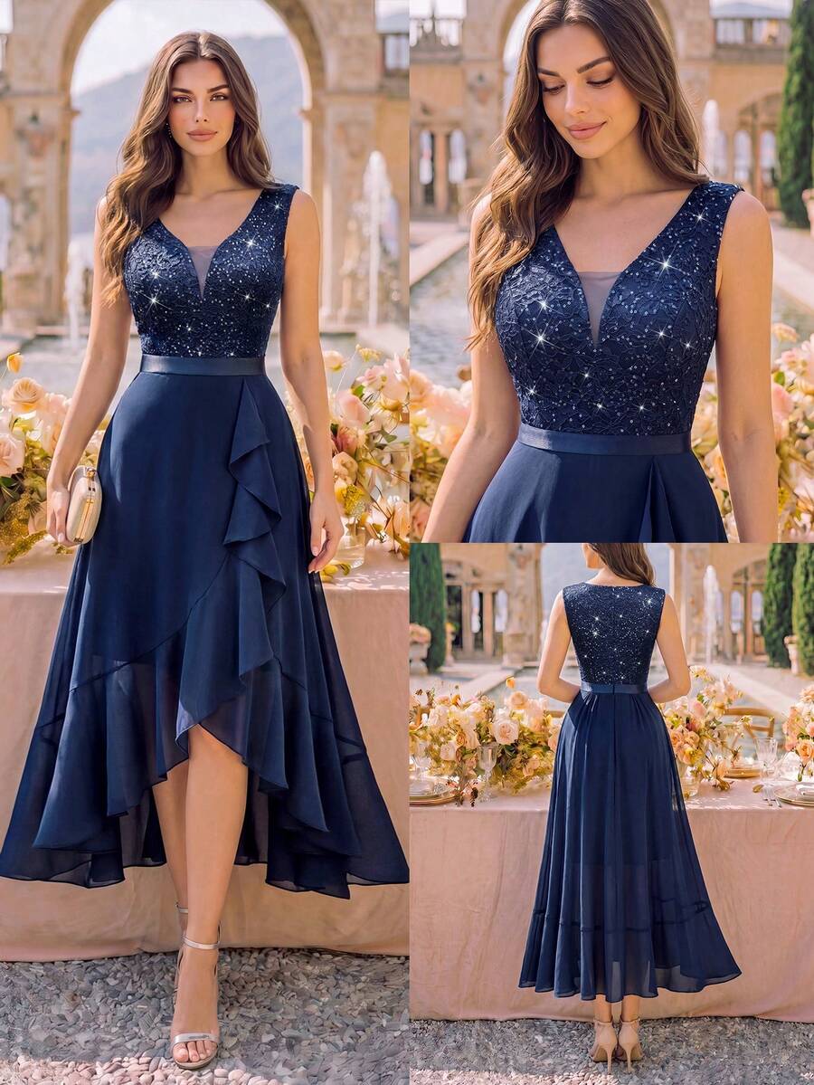 MIUSOL Deep V-Neck Lace Sequin Ruffle Hem High-Low Hem Chiffon Formal Party Dress, Suitable For Wedding Guest, Graduation Ceremony, Gala Spring Elegant