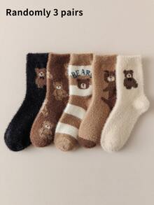 1/3/5 Pairs Random Delivery Women's Colorful Plush Bear Pattern Comfortable Thickened Warm Crew Socks For Home, Cozy - Multicolor - View 10