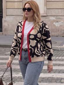 BYGOUBY Plus Size Colorblock Knit Fabric Button-Up Sweater Cardigan, Everyday & Holiday Wear, Autumn/Winter/Fall Vacation - Red - View 4