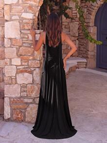ADYCE Elegant Halter Neck Sweetheart Neckline High Waist Pleated High Slit Backless Floor Length Evening Gown, Suitable For Prom, Birthday Party And Dinner - Black - View 2
