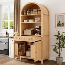 Tall Pantry Cabinet With Arched Doors, Sideboard, High Cabinet, Double Doors With Spice Racks On Both Interior Sides, Chipboard+MDF For Kitchen And Living Room - 自然色 - 查看 4